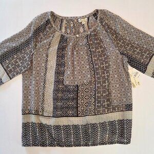 Tanzara Boho Patchwork Blouse, Women’s 2X, Black/Taupe/Soft Blue/Cream, NWT